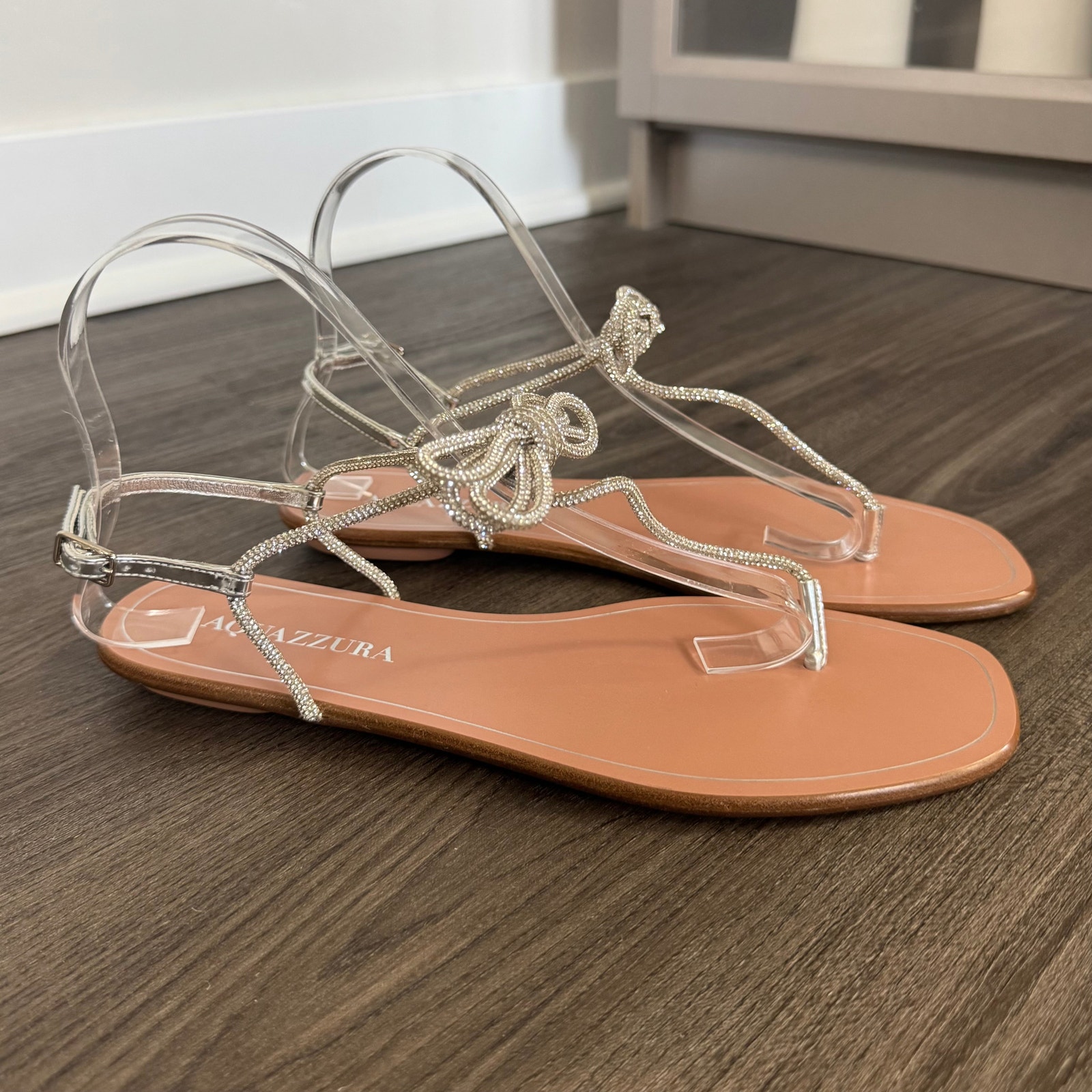 Aquazzura Capri Nights Silver Bow Embellished Sandals 39.5 New Rhinestone Flat